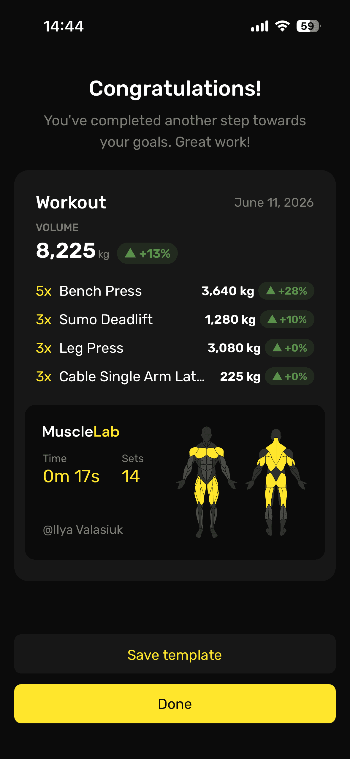 MuscleLab workflow screen: Review the workout summary