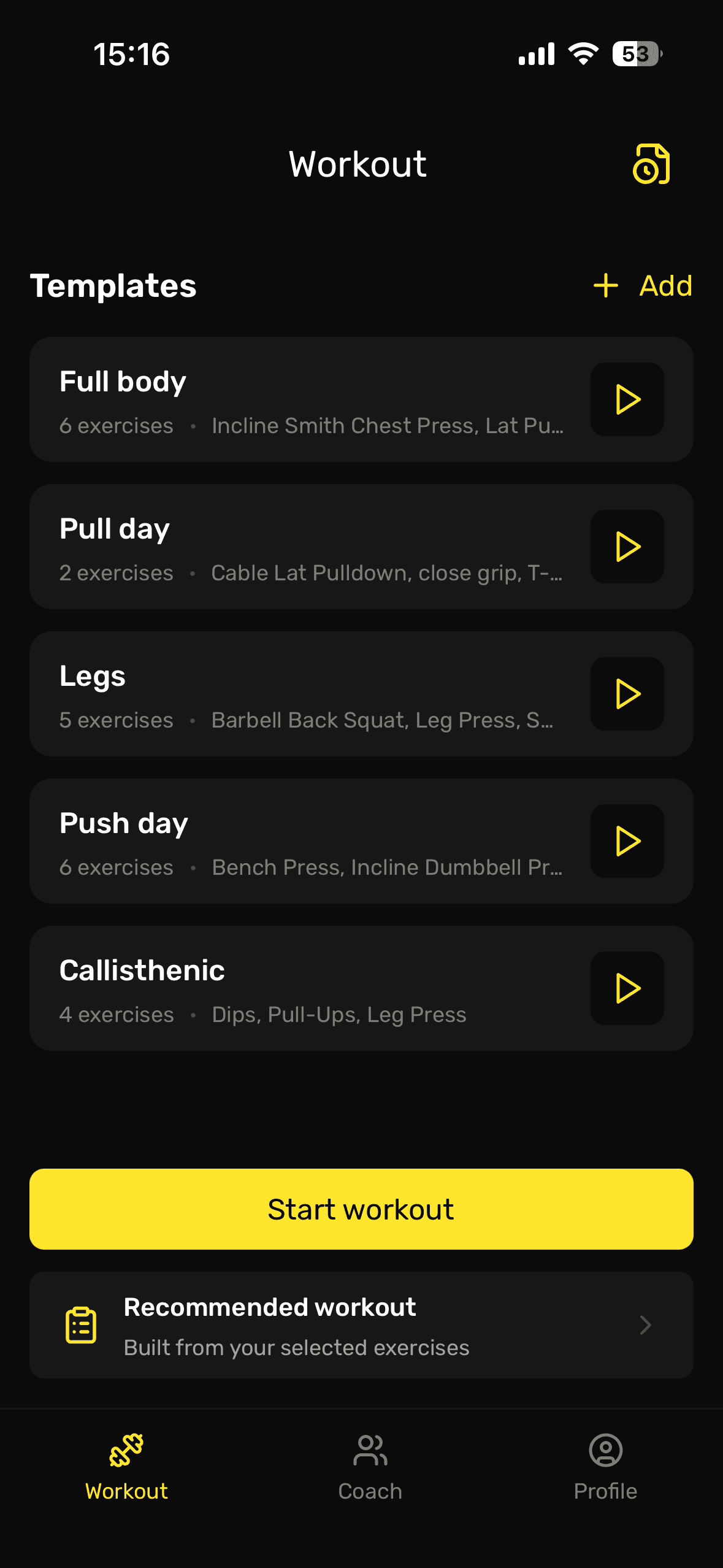 MuscleLab workflow screen: Start from your Workout home