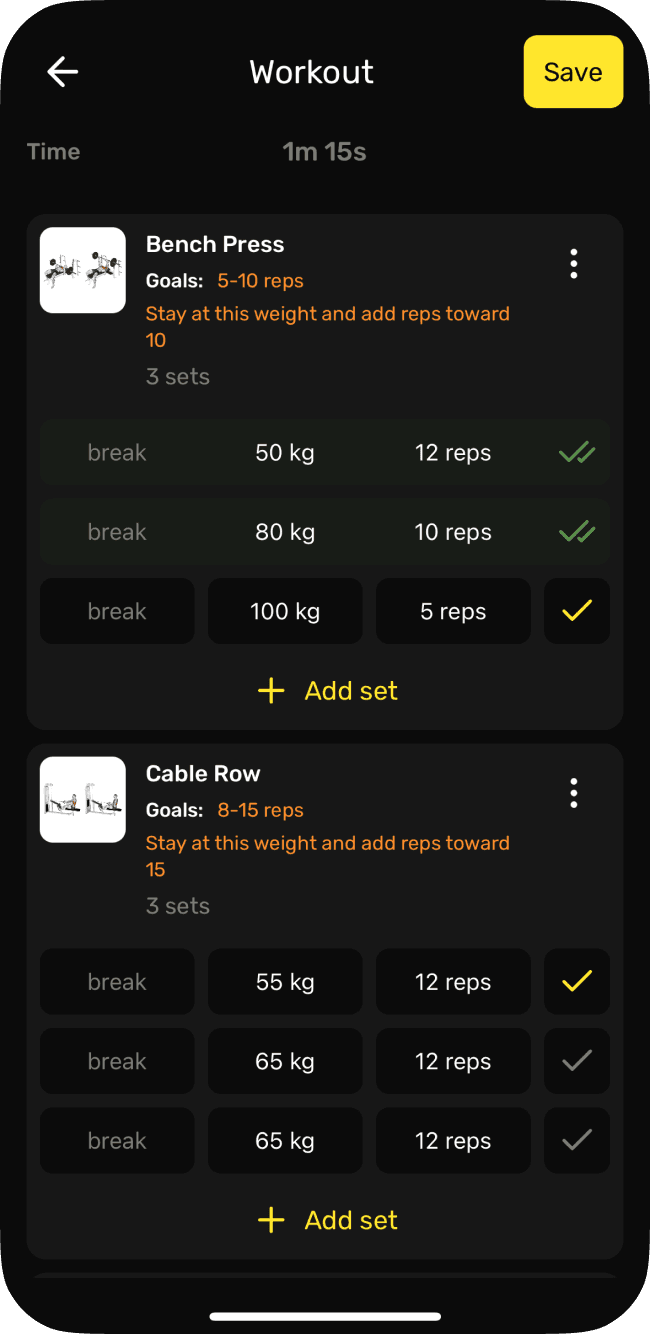 MuscleLab app screen: Two taps per set. Rest timer starts for you.
