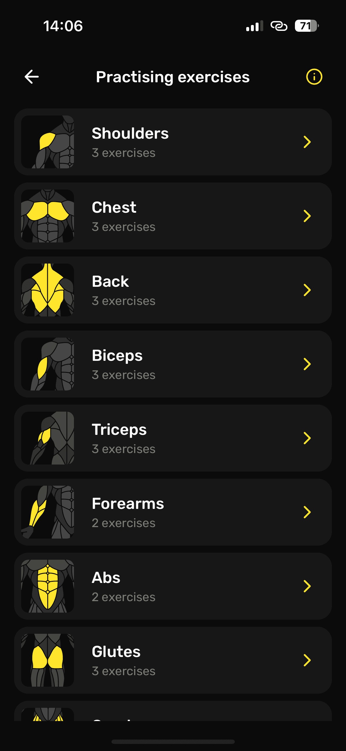 MuscleLab workflow screen: Choose practising exercises